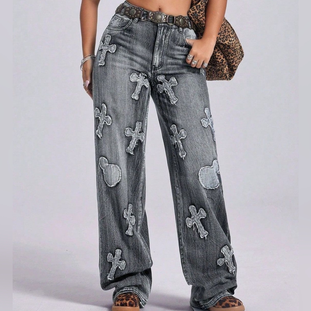 Cross Wide Leg Dark Gray Jeans with Pockets